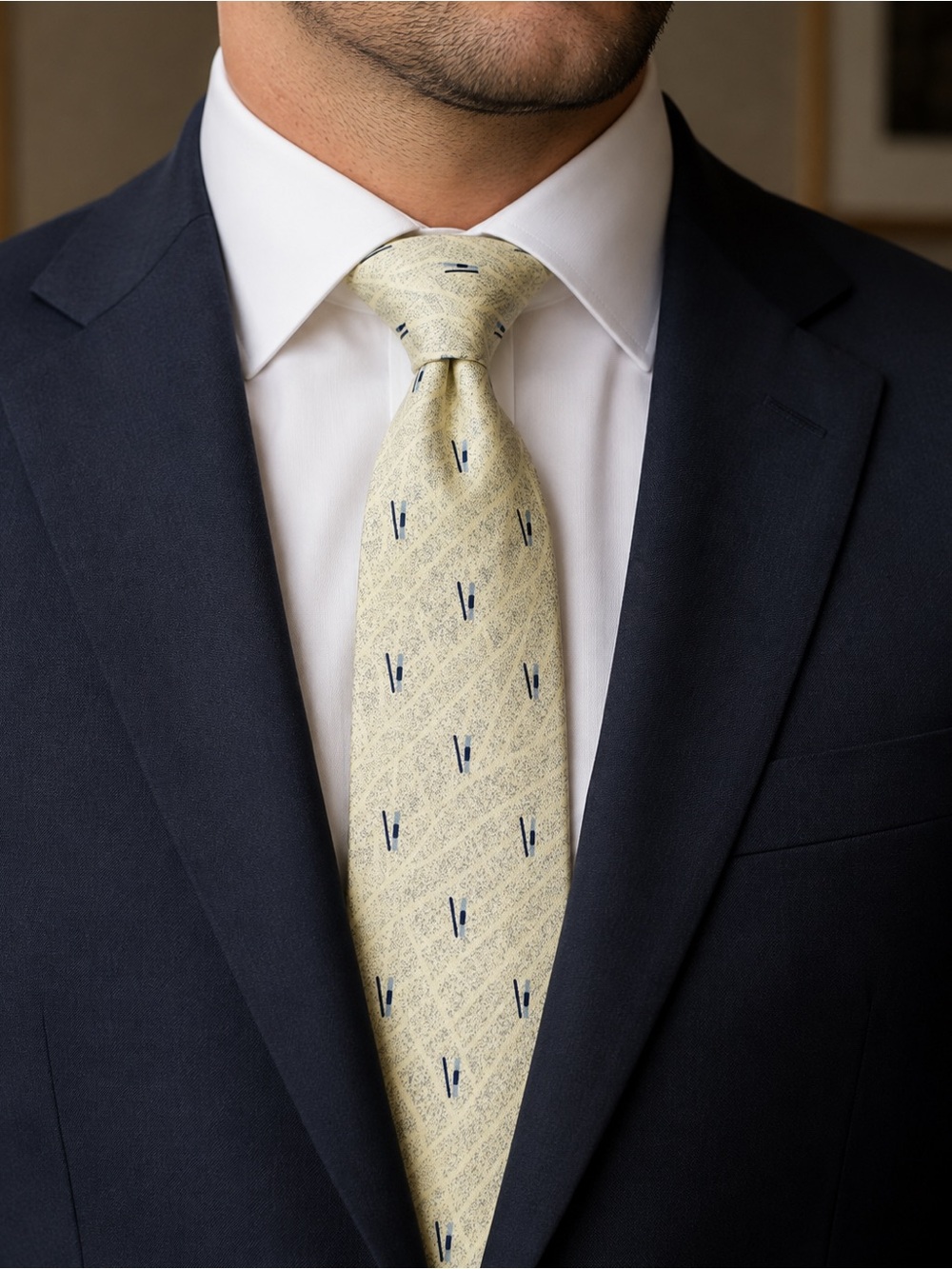 Pierre Balmain Pale Yellow Tie with Navy Accents